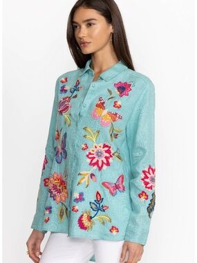 JOHNNY WAS GRACEY LINEN EMBROIRDERED OVERSIZED SHIRT LARGE